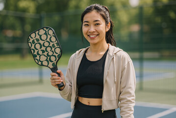 Young asian woman holding pickleball paddle smiling on pickleball court