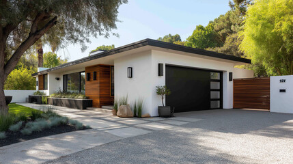 Modern house with white concrete exterior and wood garage