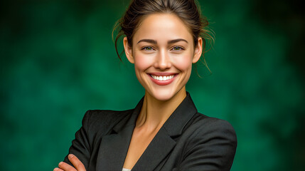 A business woman smiling with cross arm wearing a elegant suit.