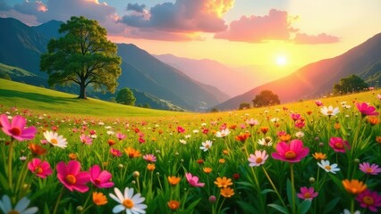 Serene Sunset Over Lush Meadow with Blooming Wildflowers and Solitary Tree on Rolling Hills
