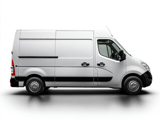 White cargo van, side profile view, detailed design, smooth lines, visible wheel rims, modern headlights, sleek door handle, tinted windows, black trim, overall clean and polished look