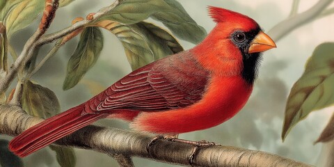 Detailed illustration of a vibrant cardinal perched on a branch.
