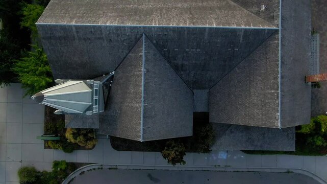 Aerial: Drone Top Panning Shot Of First United Methodist Church In Town - Post Falls, Idaho
