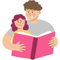 Father and Daughter Reading Book Together. Father and daughter sharing a joyful moment while reading a large pink book together.