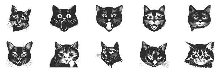 Cat Faces With Various Expressions Silhouette Set. Feline Emotions And Expressions Isolated Vector Illustration Collection