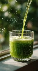 A glass of water with green juice poured into it