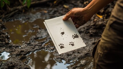 Animal tracks examined in muddy puddle