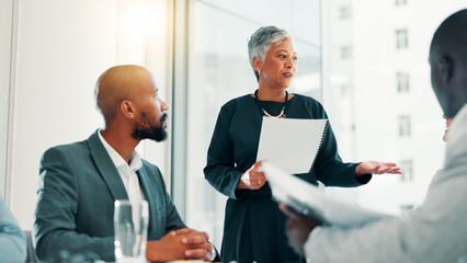 Meeting, mature businesswoman and talking with document in office, investment pitch and feedback....