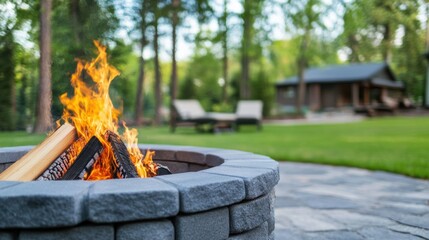 Cozy Campfire in Backyard Setting Surrounded by Nature and Cozy Lounge Chairs
