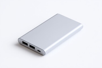 Sleek silver portable charger, perfect for staying connected on the go.  Convenient and stylish.