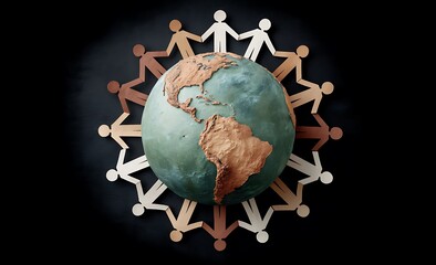 Diverse Paper People Holding Hands Around a Globe Symbolizing Unity and Global Connection