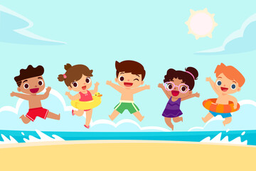 children jumping on the beach celebrating summer holiday