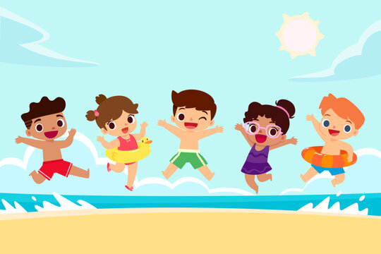 children jumping on the beach celebrating summer holiday