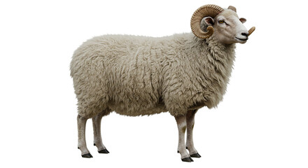 Fototapeta premium A full view of a ram with large curled horns and thick white wool standing on a black background