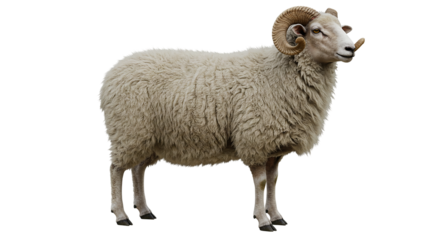 A full view of a ram with large curled horns and thick white wool standing on a black background