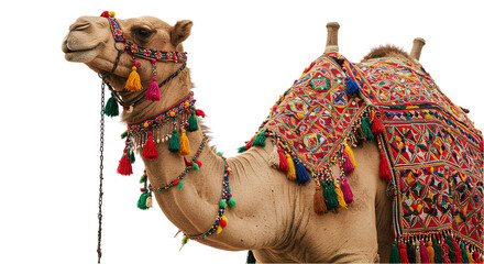 Decorated camel with colorful tassels and ornate saddle cloth in side profile close up view