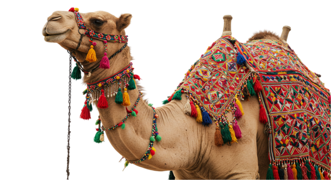 Decorated camel with colorful tassels and ornate saddle cloth in side profile close up view