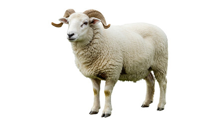 Fototapeta premium A full body shot of a white sheep with curled horns standing on grass with a black background