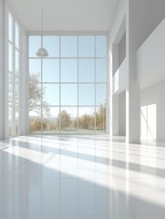 Fototapeta premium Bright White Modern Interior with Large Windows Overlooking Trees, Minimalist Style, Architecture and Design, Sunny Day