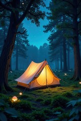 Illuminated canvas tent nestled within a tranquil, starlit forest at night