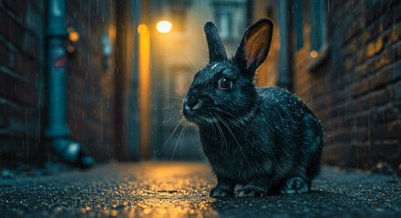 A wet black rabbit sits alone in a dimly lit alley during rainfall, illuminated by a warm streetlight in the background, creating a moody and cinematic atmosphere.