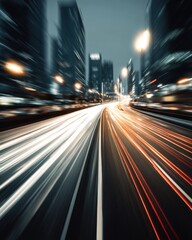 Obraz premium Abstract Speeding Car Light Trails in Urban Nightscape Long Exposure Motion Blur Cityscape Rush Hour