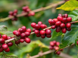 Obraz premium Close-up of ripe coffee cherries growing on a branch in a lush plantation setting, natural light, vibrant colors, tropical location