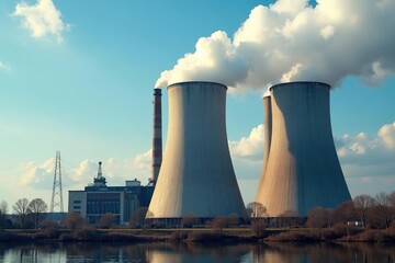 Large industrial power plant, smokestacks emitting steam, power grid, clean energy, renewable