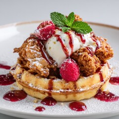 Chicken and Waffles Stack with Ice Cream and Raspberries Close Up Food Photography Delicious Meal