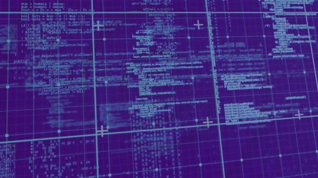 Futuristic data grid being animated on purple-blue backdrop with code clusters, nodes, plus symbols