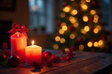 Candlelit romantic setting, Christmas tree backdrop , present, romance