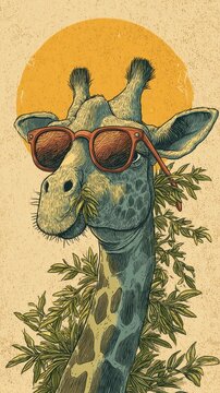 Stylish giraffe portrait with sunglasses and foliage.
