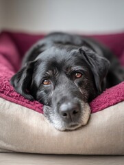 Close up of old black Labrador Retriever resting in dog bed indoors at home looking at camera