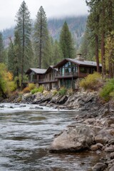 Fototapeta premium Riverfront Home Exterior in Pacific Northwest Landscape with Pine Trees and Foggy Mountains in Background