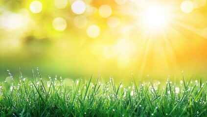 Fototapeta premium A close-up of dew-covered grass with the sun rising in the background, creating a fresh and natural atmosphere.