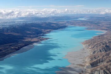Aerial view of a serene turquoise lake amidst mountainous landscape.