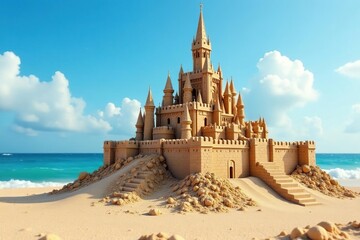 Majestic sandcastle, towering against a blue sky, intricate details , architecture, coast, art