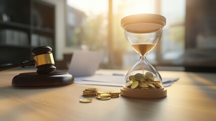 Hourglass with coins and gavel symbolizing time is money in legal context under warm sunlight in office setting. Justice and corruption