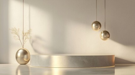 Minimalist Product Display Podium with Golden Accents and Natural Light for Elegant Presentation