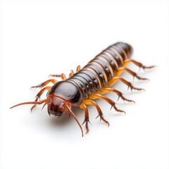Close-up Image of a Colorful Millipede Crawling on a White Background