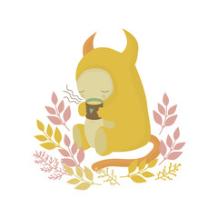 Illustration of a friendly yellow cartoon monster enjoying a mug of hot tea in the forest. The cute and kind isolated drawing can be used for children's goods and tea lovers.