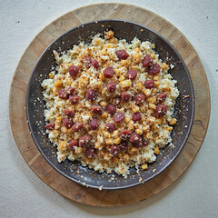 Simple sausage on porridge food, farmers meal 1900