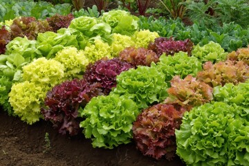 Colorful Lettuce Varieties Growing in Garden Rows Close Up View Healthy Fresh Organic Vegetables Agriculture Cultivation