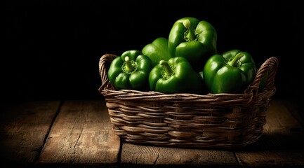 Fresh green peppers in a rustic basket (6)