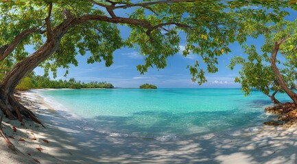 Tropical beach paradise. Lush trees shade a pristine white sand beach, turquoise water laps the shore, and a distant island is visible