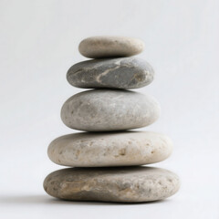Fototapeta premium Stacked river stones on white background, smooth texture, soft lighting, ideal for zen, spa, and wellness themes.