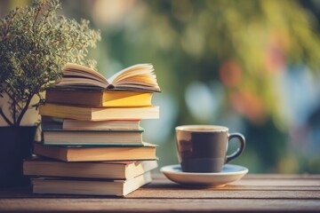 Stack of books with open pages and coffee cup on wooden table in garden setting in soft focus