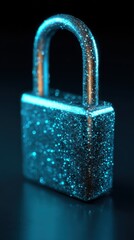 Padlock security concept with digital glitter effect on dark background studio shot close up for data protection and encryption