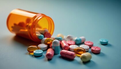 Pill bottle with assorted antibiotics and vitamins spilling out , healthcare, treatment