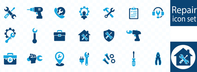 Repair icon set. Containing fix, maintenance, toolbox, assistance, broken, troubleshoot, patch and repairman service icons